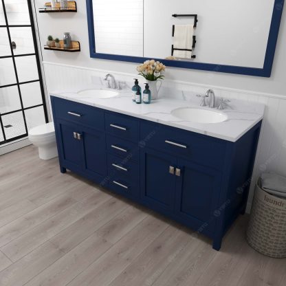 Caroline 72" Double Bath Vanity in French Blue with Calacatta Quartz Top and Round Sinks with Polished Chrome Faucets with Matching Mirror