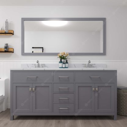 Caroline 72" Double Bath Vanity in Gray with Calacatta Quartz Top and Square Sinks with Brushed Nickel Faucets with Matching Mirror