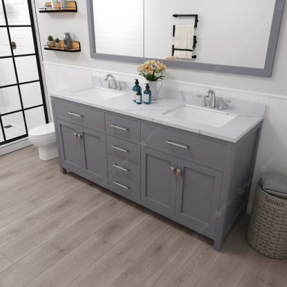 Caroline 72" Double Bath Vanity in Gray with Calacatta Quartz Top and Square Sinks with Matching Mirror