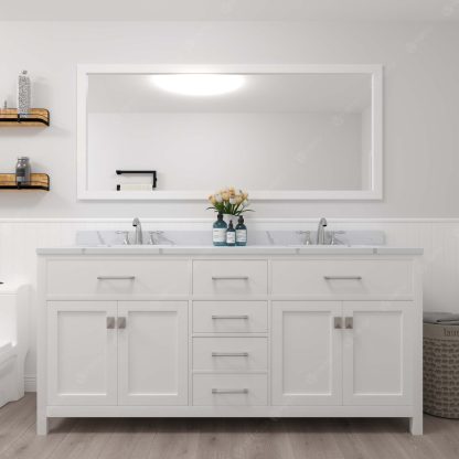 Caroline 72" Double Bath Vanity in White with Calacatta Quartz Top and Square Sinks with Matching Mirror