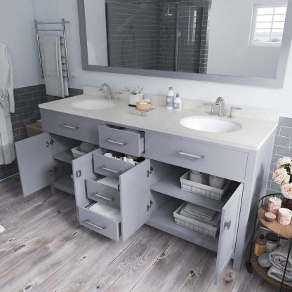 Caroline 72" Double Bath Vanity in Gray with Dazzle White Quartz Top and Round Sinks with Matching Mirror