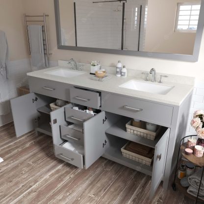 Caroline 72" Double Bath Vanity in Cashmere Gray with Dazzle White Quartz Top and Square Sinks with Matching Mirror