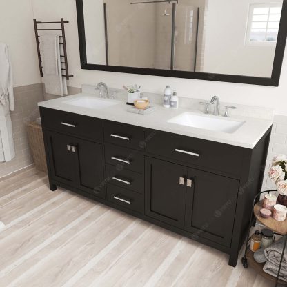 Caroline 72" Double Bath Vanity in Espresso with Dazzle White Quartz Top and Square Sinks with Brushed Nickel Faucets with Matching Mirror