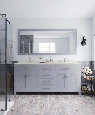 Caroline 72" Double Bath Vanity in Gray with Dazzle White Quartz Top and Square Sinks