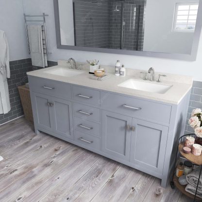 Caroline 72" Double Bath Vanity in Gray with Dazzle White Quartz Top and Square Sinks with Brushed Nickel Faucets with Matching Mirror