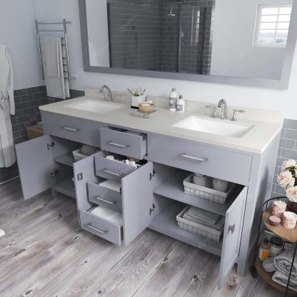 Caroline 72" Double Bath Vanity in Gray with Dazzle White Quartz Top and Square Sinks with Polished Chrome Faucets with Matching Mirror