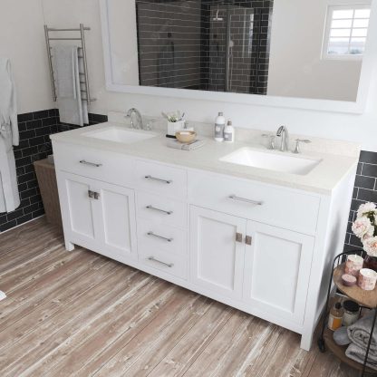 Caroline 72" Double Bath Vanity in White with Dazzle White Quartz Top and Square Sinks with Brushed Nickel Faucets with Matching Mirror