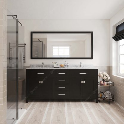 Caroline 72" Double Bath Vanity in Espresso with White Marble Top and Square Sinks with Polished Chrome Faucets with Matching Mirror