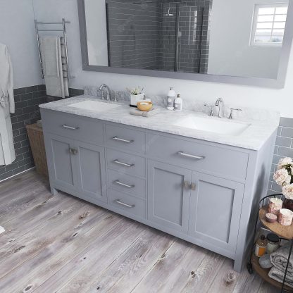 Caroline 72" Double Bath Vanity in Gray with White Marble Top and Square Sinks with Matching Mirror