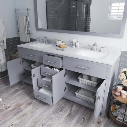 Caroline 72" Double Bath Vanity in Gray with White Marble Top and Square Sinks with Polished Chrome Faucets with Matching Mirror
