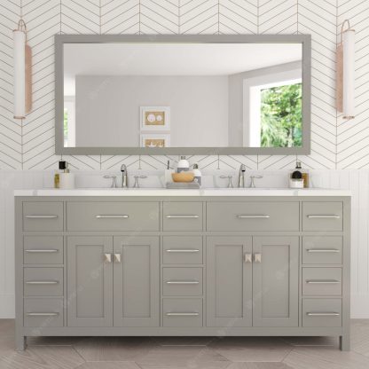 Caroline Parkway 72" Double Bath Vanity in Gray with Calacatta Quartz Top and Round Sinks with Matching Mirror