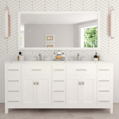 Caroline Parkway 72" Double Bath Vanity in White with Calacatta Quartz Top and Round Sinks with Brushed Nickel Faucets with Matching Mirror