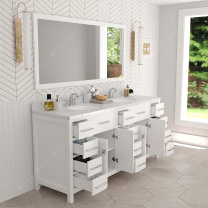 Caroline Parkway 72" Double Bath Vanity in White with Calacatta Quartz Top and Round Sinks with Matching Mirror