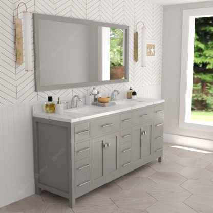 Caroline Parkway 72" Double Bath Vanity in Gray with Calacatta Quartz Top and Square Sinks with Brushed Nickel Faucets with Matching Mirror