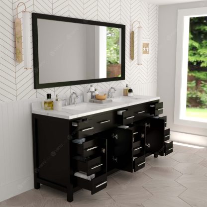 Caroline Parkway 72" Double Bath Vanity in Espresso with Calacatta Quartz Top and Square Sinks with Polished Chrome Faucets with Matching Mirror