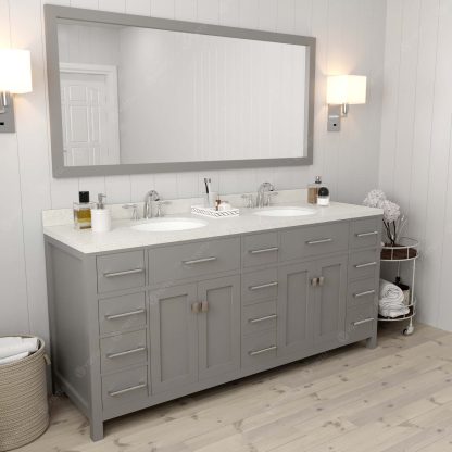 Caroline Parkway 72" Double Bath Vanity in Gray with Dazzle White Quartz Top and Round Sinks with Matching Mirror