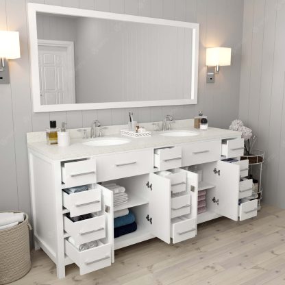 Caroline Parkway 72" Double Bath Vanity in White with Dazzle White Quartz Top and Round Sinks with Matching Mirror