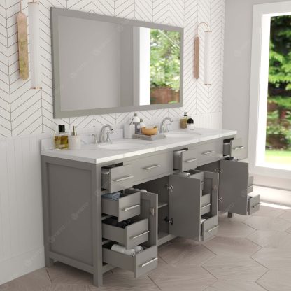 Caroline Parkway 78" Double Bath Vanity in Gray with Calacatta Quartz Top and Round Sinks with Polished Chrome Faucets with Matching Mirror