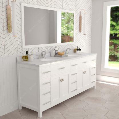 Caroline Parkway 78" Double Bath Vanity in White with Calacatta Quartz Top and Round Sinks with Brushed Nickel Faucets with Matching Mirror