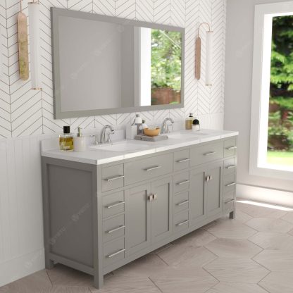 Caroline Parkway 78" Double Bath Vanity in Gray with Calacatta Quartz Top and Square Sinks with Polished Chrome Faucets with Matching Mirror