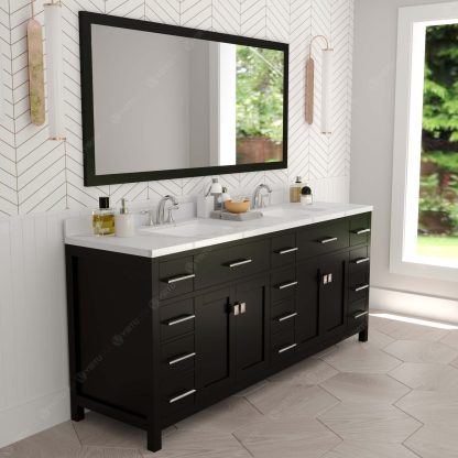 Caroline Parkway 78" Double Bath Vanity in Espresso with Calacatta Quartz Top and Square Sinks with Brushed Nickel Faucets with Matching Mirror