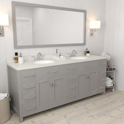 Caroline Parkway 78" Double Bath Vanity in Gray with Dazzle White Quartz Top and Round Sinks with Matching Mirror