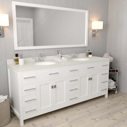 Caroline Parkway 78" Double Bath Vanity in White with Dazzle White Quartz Top and Round Sinks with Brushed Nickel Faucets with Matching Mirror