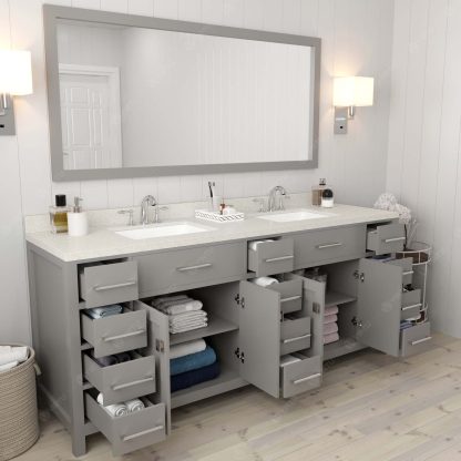 Caroline Parkway 78" Double Bath Vanity in Gray with Dazzle White Quartz Top and Square Sinks with Polished Chrome Faucets with Matching Mirror
