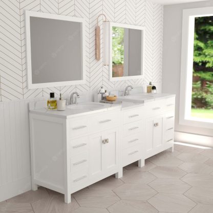 Caroline Parkway 93" Double Bath Vanity in White with Calacatta Quartz Top and Round Sinks with Polished Chrome Faucets with Matching Mirrors