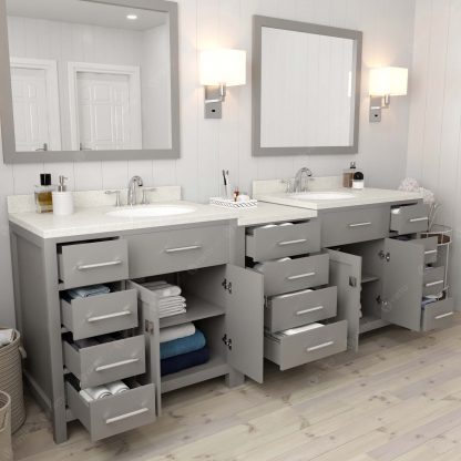 Caroline Parkway 93" Double Bath Vanity in Cashmere Gray with Dazzle White Quartz Top and Round Sinks with Brushed Nickel Faucets with Matching Mirrors
