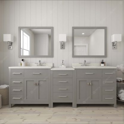 Caroline Parkway 93" Double Bath Vanity in Cashmere Gray with Dazzle White Quartz Top and Square Sinks with Brushed Nickel Faucets with Matching Mirrors