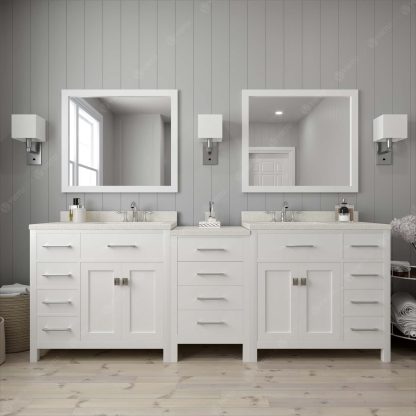 Caroline Parkway 93" Double Bath Vanity in White with Dazzle White Quartz Top and Square Sinks with Matching Mirrors