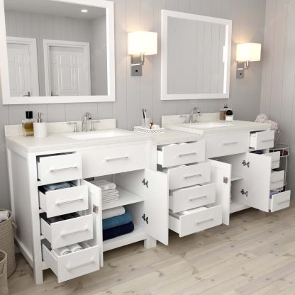 Caroline Parkway 93" Double Bath Vanity in White with Dazzle White Quartz Top and Square Sinks with Polished Chrome Faucets with Matching Mirrors