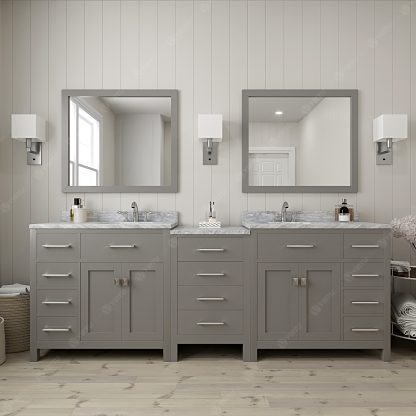 Caroline Parkway 93" Double Bath Vanity in Cashmere Gray with White Marble Top and Square Sinks with Polished Chrome Faucets with Matching Mirrors