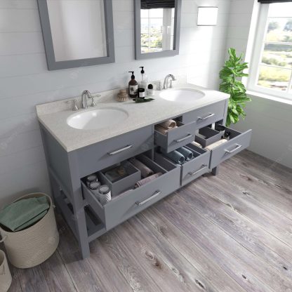 Caroline Estate 60" Double Bath Vanity in Gray with Dazzle White Quartz Top and Round Sinks with Polished Chrome Faucets with Matching Mirrors
