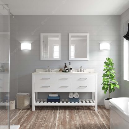 Caroline Estate 60" Double Bath Vanity in White with Dazzle White Quartz Top and Square Sinks