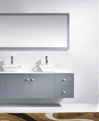 Clarissa 72" Double Bath Vanity in Gray with White Engineered Stone Top and Square Sinks with Brushed Nickel Faucets with Matching Mirror