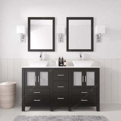 Bradford 60" Double Bath Vanity in Espresso with White Engineered Stone Top and Square Sinks with Brushed Nickel Faucets with Matching Mirror