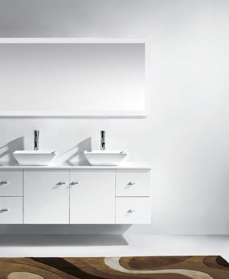 Clarissa 61" Double Bath Vanity in White with White Engineered Stone Top and Square Sinks with Brushed Nickel Faucets with Matching Mirror