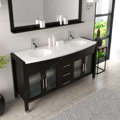 Ava 63" Double Bath Vanity in Espresso with White Engineered Stone Top and Round Sinks with Matching Mirror