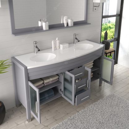 Ava 63" Double Bath Vanity in Gray with White Engineered Stone Top and Round Sinks with Brushed Nickel Faucets with Matching Mirror