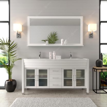 Ava 63" Double Bath Vanity in White with White Engineered Stone Top and Round Sinks