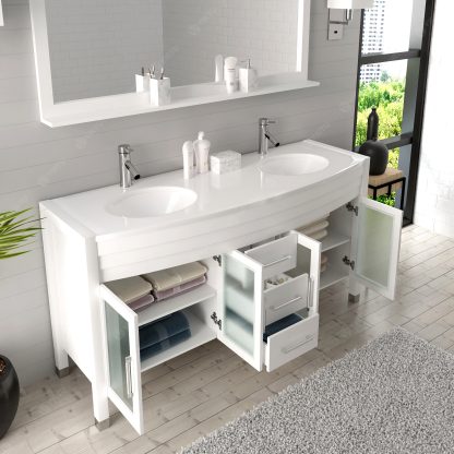 Ava 63" Double Bath Vanity in White with White Engineered Stone Top and Round Sinks with Matching Mirror