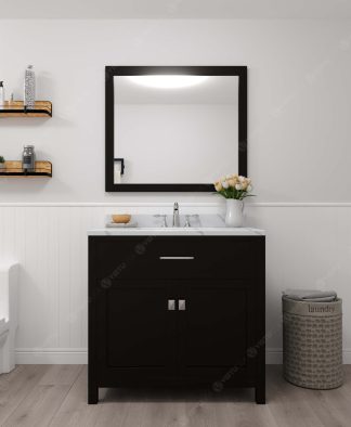 Caroline 36" Single Bath Vanity in Espresso with Calacatta Quartz Top and Round Sink with Polished Chrome Faucet with Matching Mirror