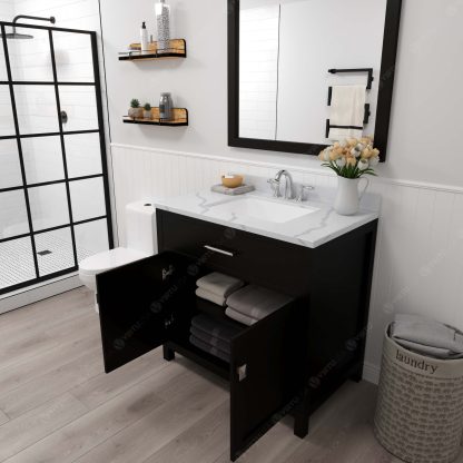 Caroline 36" Single Bath Vanity in Espresso with Calacatta Quartz Top and Square Sink with Polished Chrome Faucet with Matching Mirror