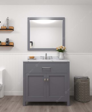 Caroline 36" Single Bath Vanity in Gray with Calacatta Quartz Top and Square Sink with Matching Mirror