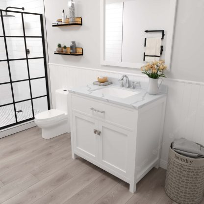 Caroline 36" Single Bath Vanity in White with Calacatta Quartz Top and Square Sink with Polished Chrome Faucet with Matching Mirror