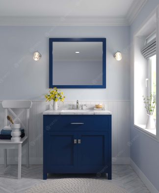 Caroline 36" Single Bath Vanity in French Blue with Cultured Marble Quartz Top and Round Sink with Brushed Nickel Faucet with Matching Mirror