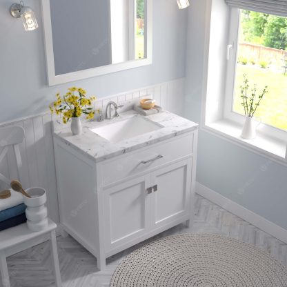 Caroline 36" Single Bath Vanity in White with Cultured Marble Quartz Top and Square Sink with Matching Mirror