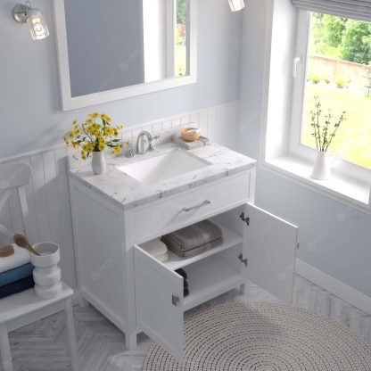 Caroline 36" Single Bath Vanity in White with Cultured Marble Quartz Top and Square Sink with Matching Mirror